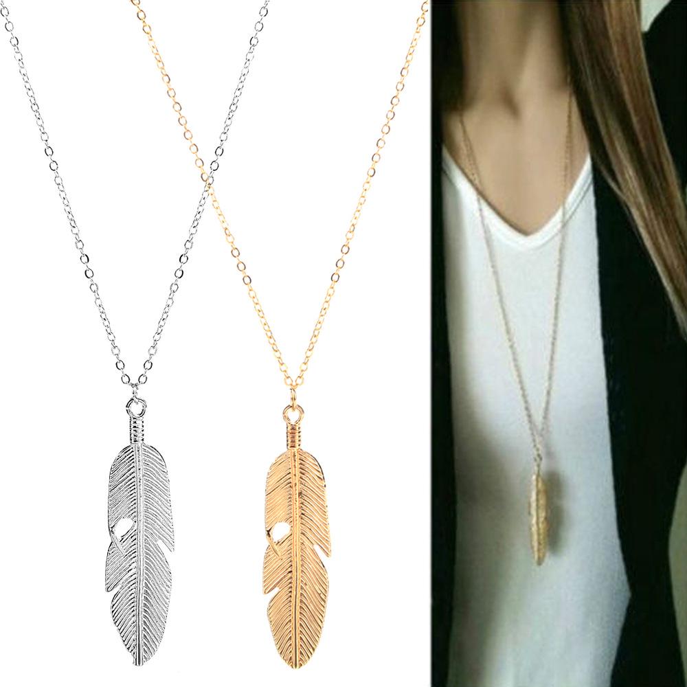 European & American Style Feather Leaf Necklace – Simple, Long Chain Jewelry Accessory