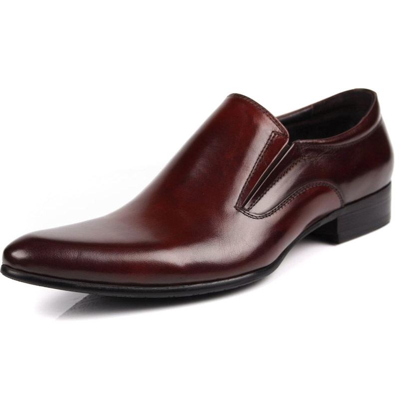 European Style Slim Fit Pointed Toe Full Grain Leather Slip-On Business Shoes