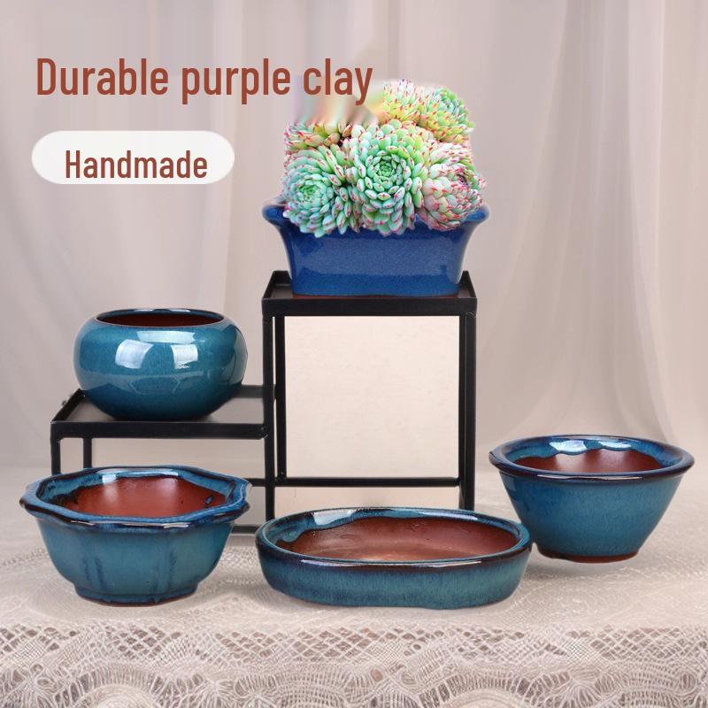 Ceramic Miniature Hand-Shaped Purple Clay Succulent Pot with Blue Glaze - Small Flower Pot for Balcony Seedlings