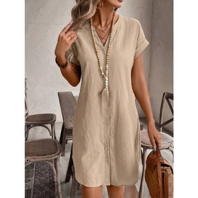 VEZFAA Abiti casual da donna, moda estate primavera, stampa tinta unita, manica corta, scollo a V, vita ampia