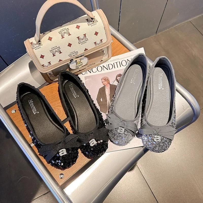 Modeschuh Damen Frühling Runde Zehe Lässige Bohnenschuhe, Pailletten Schmetterlingsschleife Niedriger Absatz Flacher Mund Flache Sohle Bequeme Schuhe