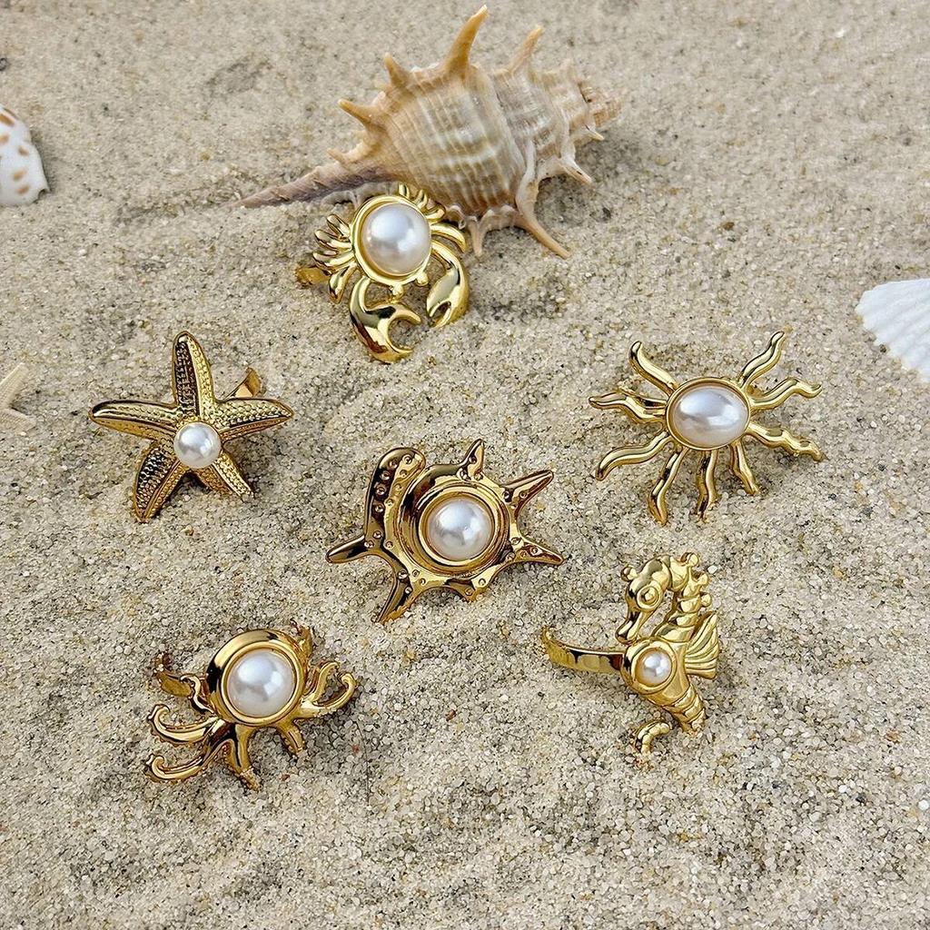 SHIXIN 6Pcs Creative Stainless Steel PVD18K Plated Gold Color Open Rings Women Trendy Imitation Pearl Finger Ring Daily Jewelry