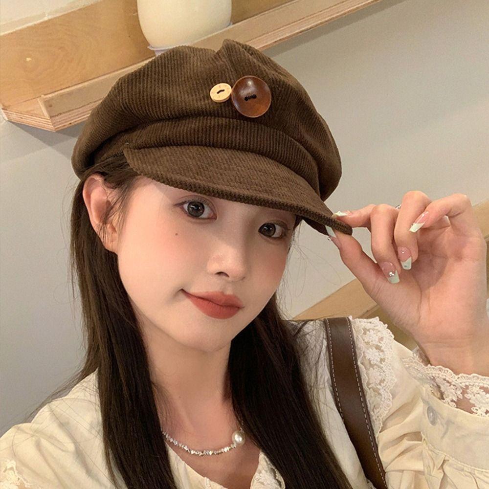 

Harajuku Double Button Berets Hat Japanese Painter Hat Fashion Y2k Corduroy Berets Girls бежевый