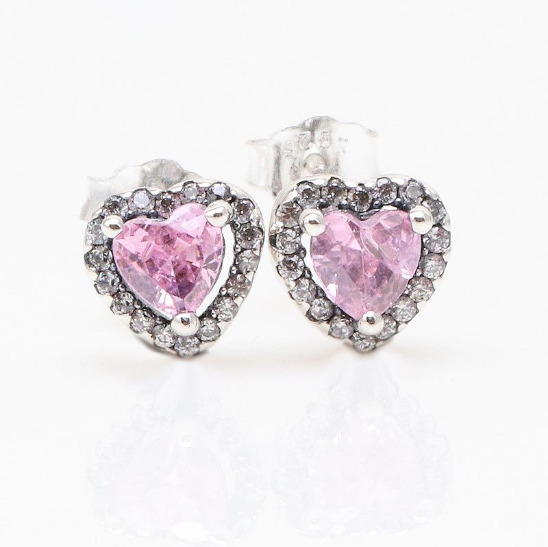 Pan Jia Noble Heart Retro Pink Heart-Shaped Stud Earrings - European & American Fashion Surprise Gift for Women White Copper