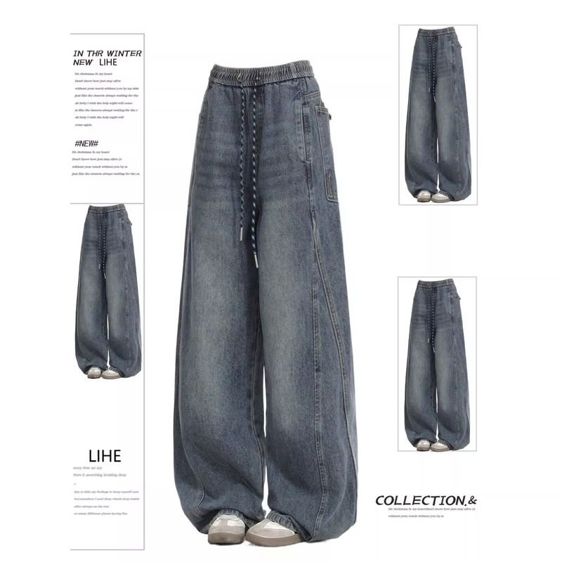 

Size American-Style Elastic Waist Wide-Leg Jeans for Women, New Spring Style, Loose Fit, Slimming Straight-Leg Floor-Length Pants for Plus-Size Women Blue Regular 2XL