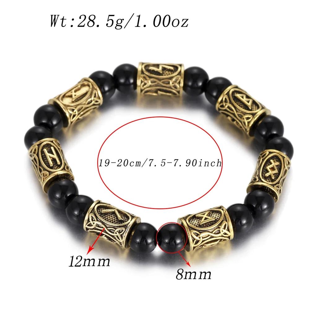Classic Gold Vikings Runes Bracelet 8Mm Lava Stone Handmade Elastic Jewelry for Women Men