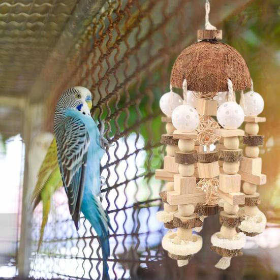 Parrot Chew Toy Coconut Shell Hanging Toy Natural Wooden Blocks Parrot Cage Bite