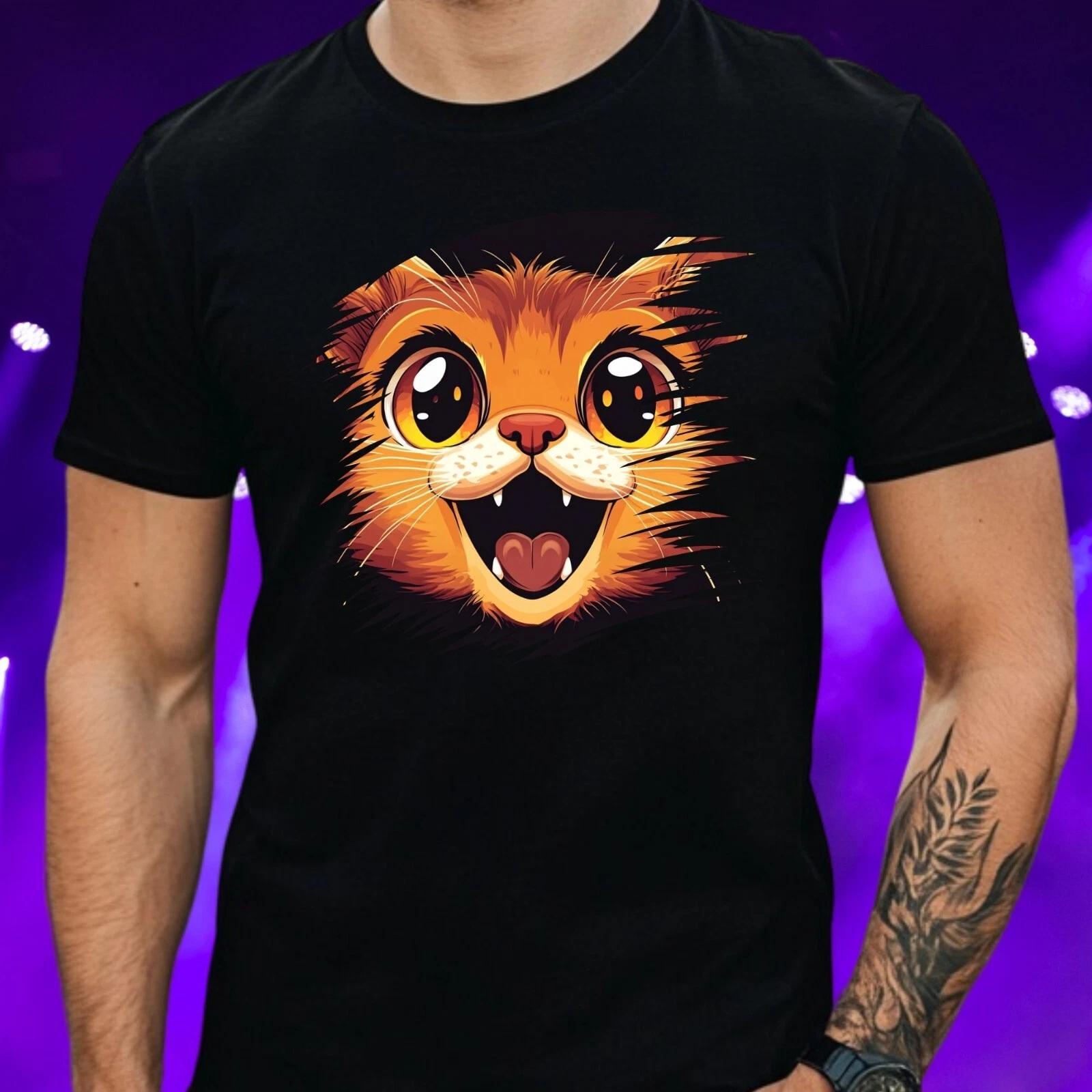 Mens Happy Cats Face Motif Cotton T-Shirt Size XS to 5XL- M