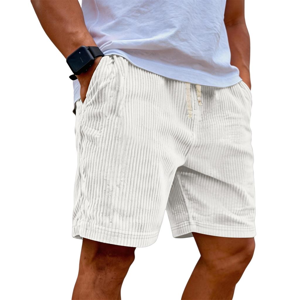 Men's Casual Shorts With Elastic Waist Drawstring And Corduroy Fabric, Stylish Design