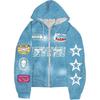 Full-printed Hooded Zipper Sweatshirt with Star Letters Loose and Casual Cardigan for Men