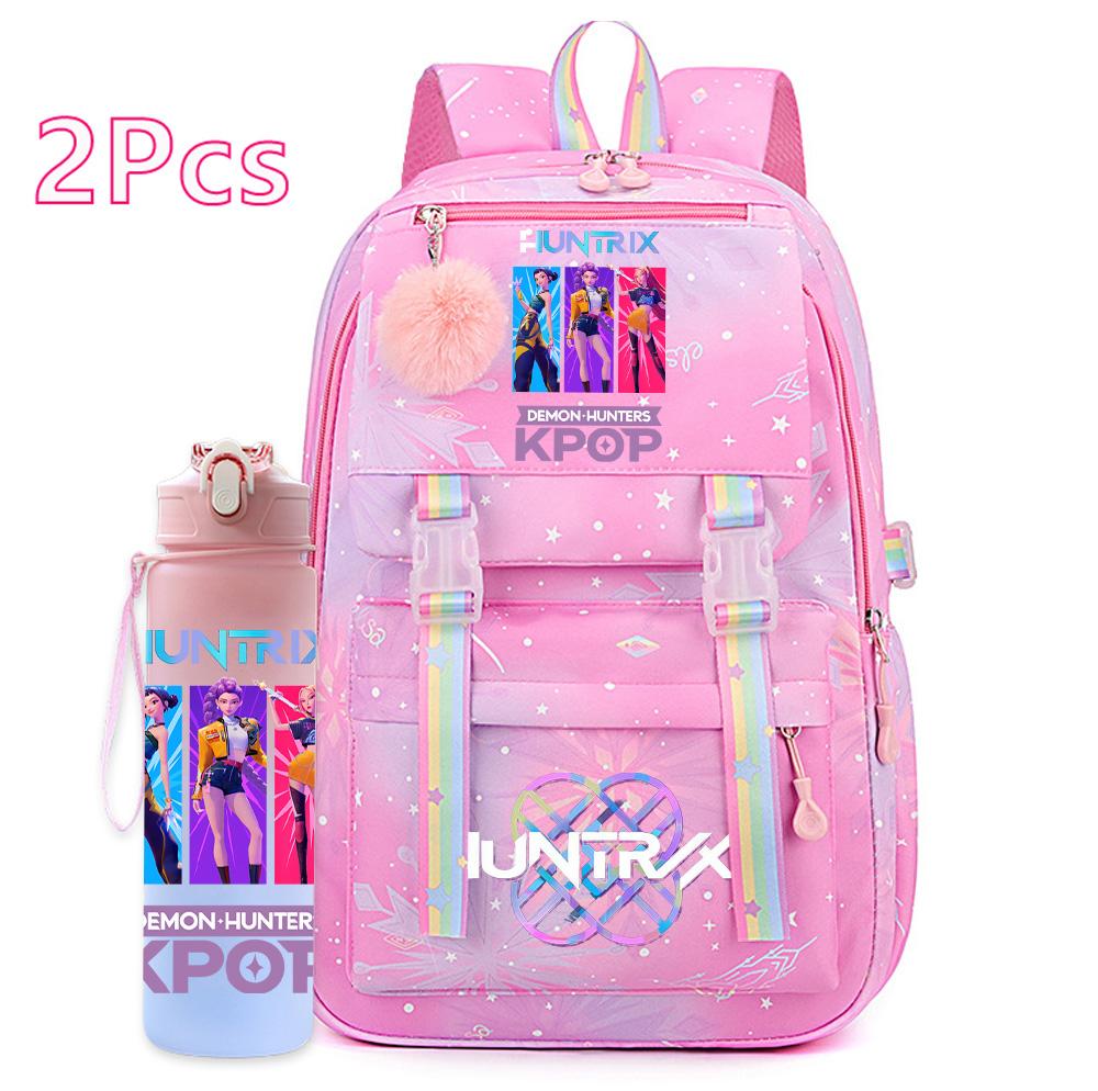 2Pcs/set Cartoon Kpop Printed Backpack with 750Ml Water Bottler for Teenager Girl Boy Bookbag Kid Gift Large Capacity Travel Bag Mochila