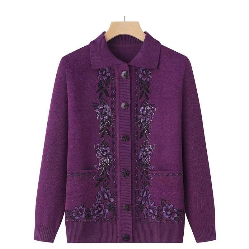 Babiččin pletený klopový všestranný kardiganový svetr kabát pro lidi středního věku a starší jarní podzimní oblečení pro maminku starou paní top