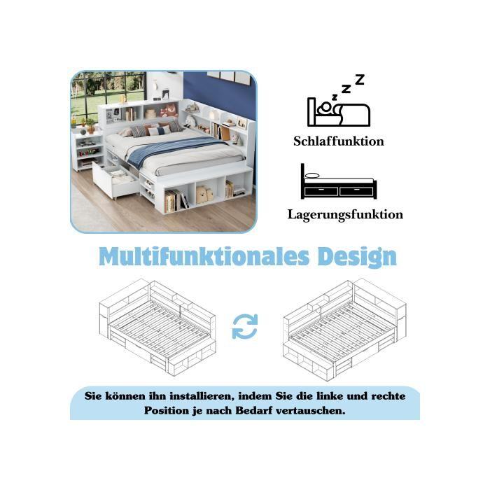 Kinderbett - MUVOE - 140x200 cm - Weiß - Lattenrost - Integrierter Stauraum