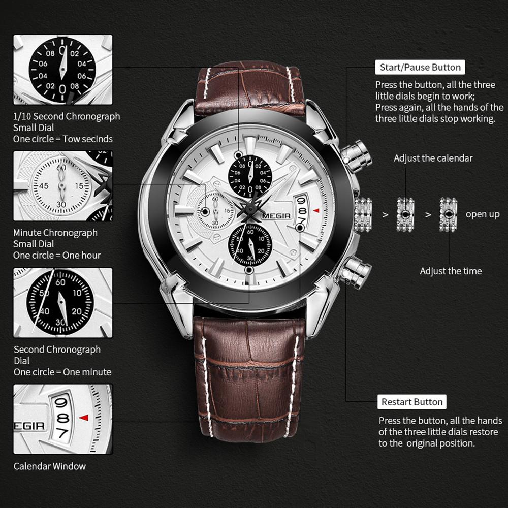 MEGIR Brand Fashion Sport Watch for Men 47MM Big Dial Clock Waterproof Casual Quartz Wristwatch Leather Strap Chronograph 2020