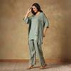 Summer Women's Green Cotton Kaftan 2pcs Set, Loose Relaxed Fit V-Neck Tunic Top with Straight Pants for Everyday Wear