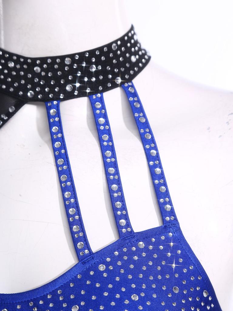 S-XXL Womens Gymnastics Leotard Bodysuit Rhinestone Color Blocking Asymmetrical Hollow Out Jumpsuit Figure Skating Tango Dancewear