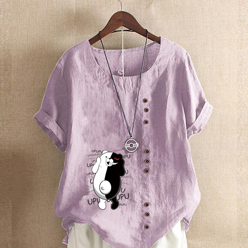 Women's Fashion Round Neck Short Sleeve T-shirt Casual Cotton Linen Graphic Shirt Leisure Loose Black and White Bear Prined Summer Blouse Tops