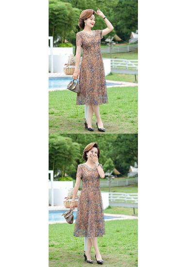 Elegant Summer Floral Dress for Middle-aged Women - Chinese National Style, Short Sleeve Maxi