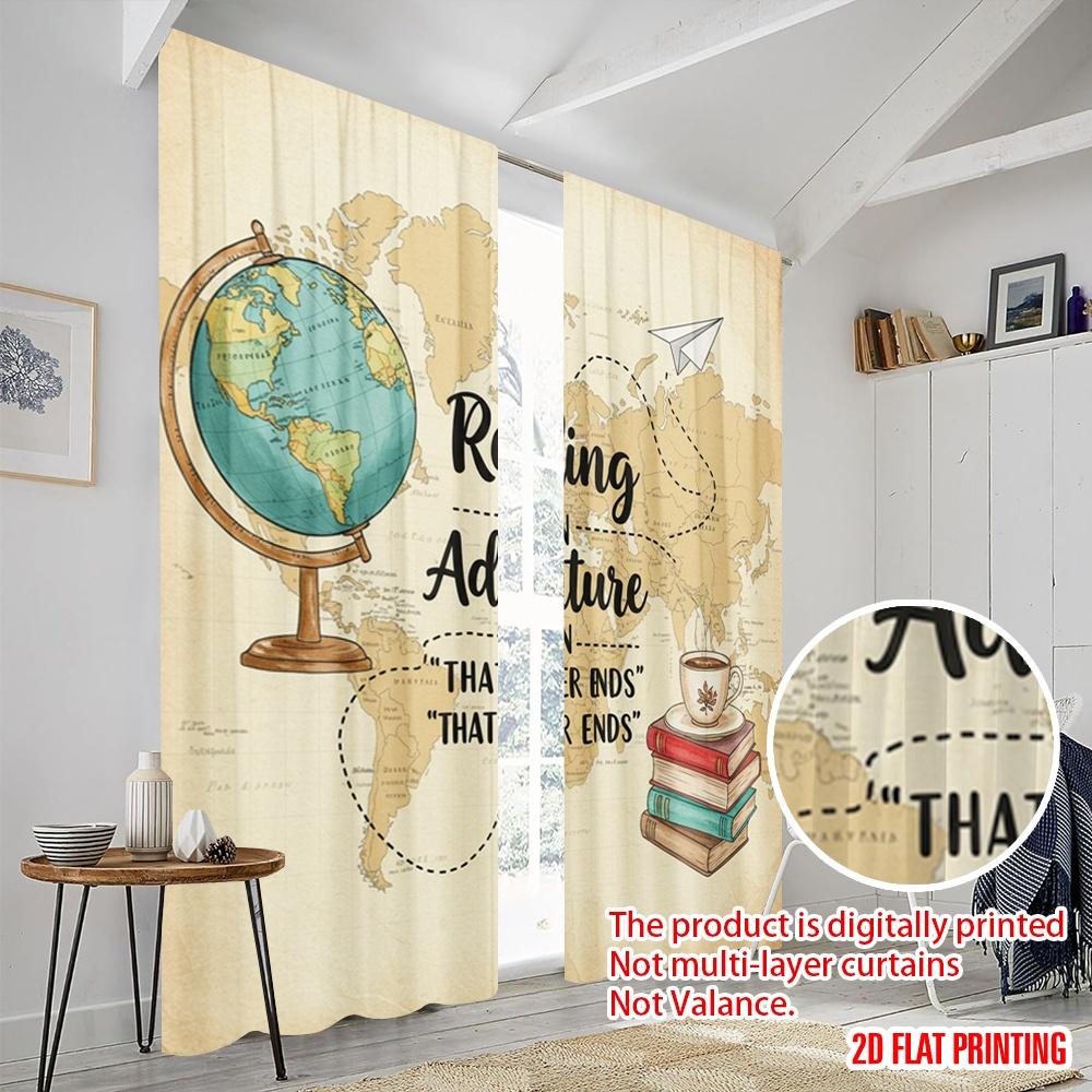 2pcs 2D Flat Printing Party Curtain Reading Adventure Globe Books Polyester Without Electricity Festive Holiday Use for Entryway