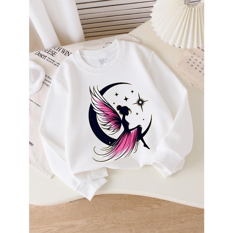 Kids Sweatshirt,Crew Neck Fashion Top, Fun "Moon Fairy Wings Star" Patterned Sweatshirt, for Everyday Casual Wear,for All Kinds of Daily Outfits