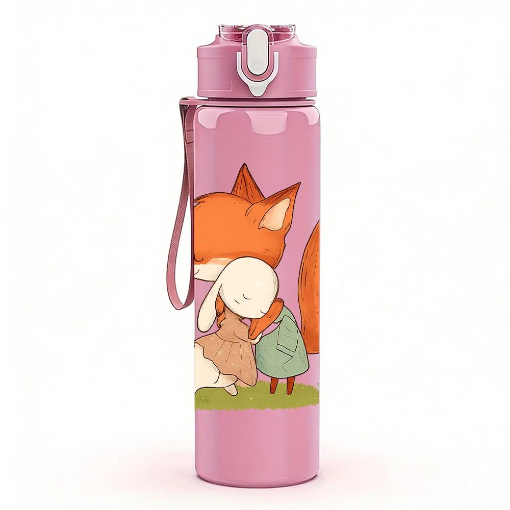 1PC Fox Sitting Grass Scene 750ml Color Plastic Sports Water Bottle Leakproof Flip Straw Lid Suitable for Sports Office Home Use