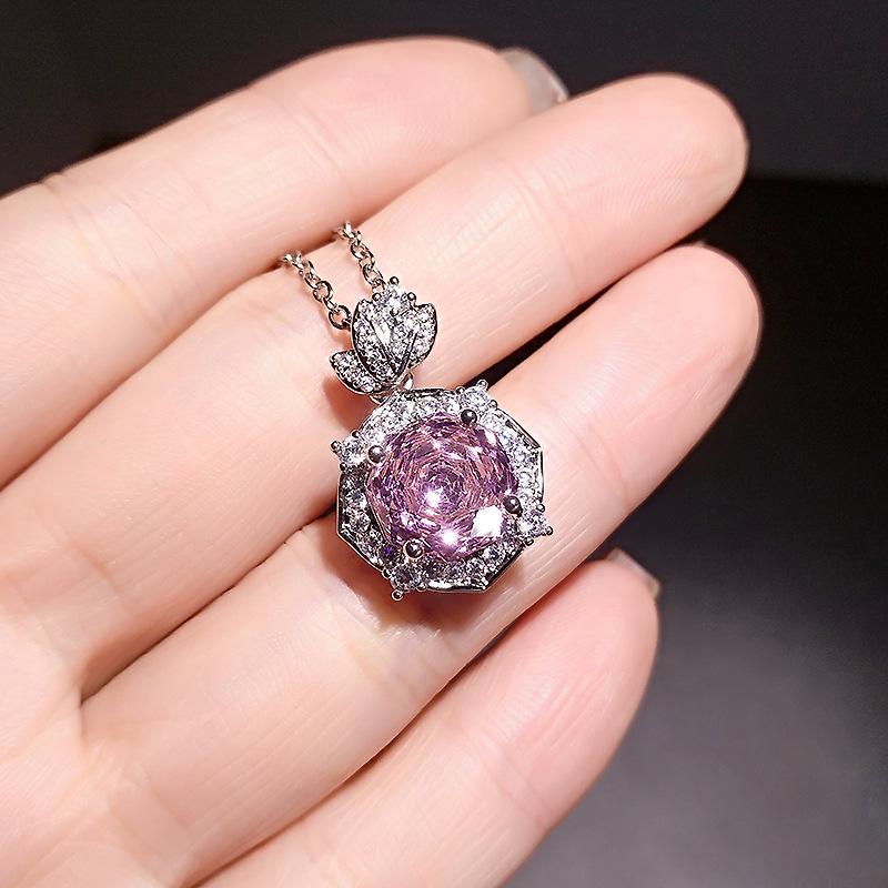 Octagonal Millennium Rose Cut Redstone Necklace Elegant Premium Pink Stone Yellow Diamond Leaf Pendant Female