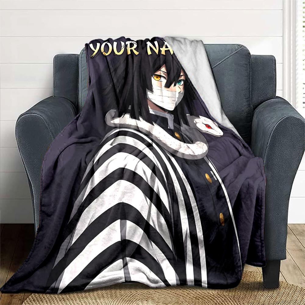 1pc Iguro Obanai Blanket with Custom Name, Gift, for Men and Women, Soft Blanket, Good for Sofa Bed Couch Travel, Lightweight Flannel Blanket