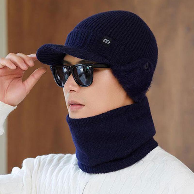 

Мужская зимняя вязаная шапка и толстые наушники с теплым ветрозащитным шарфом для езды на велосипеде на открытом воздухе Set (Hat + Scarf)