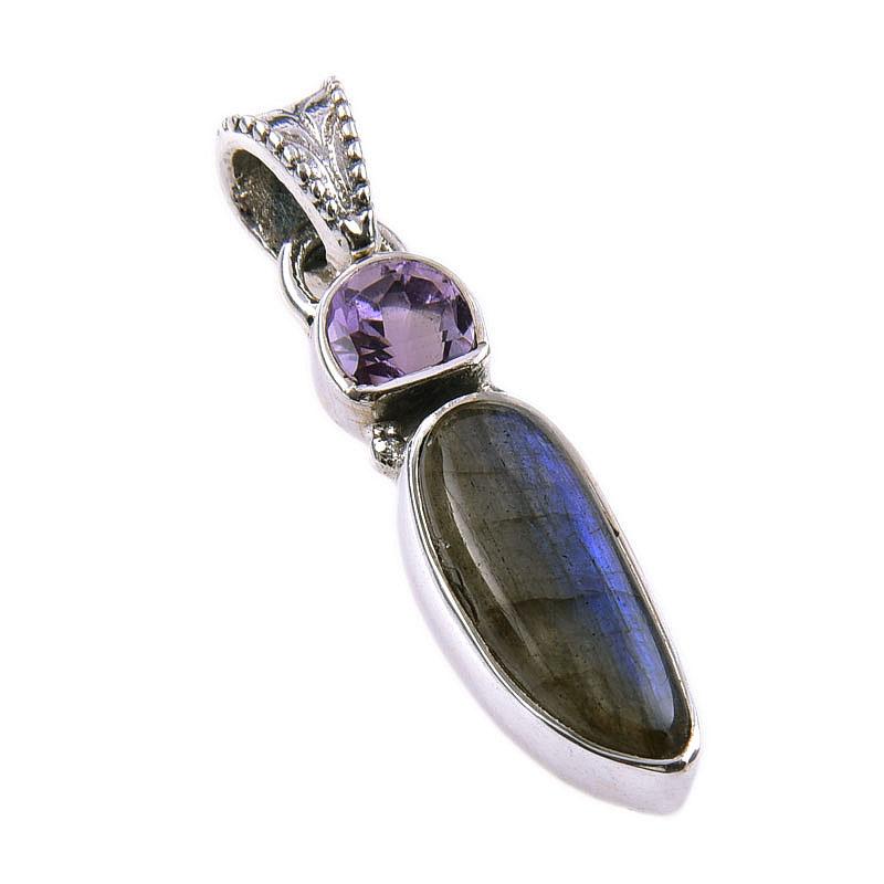 Natural Labradorite, Pink Amethyst 925 Solid Sterling Silver Pendant 1.25'' A6u88
