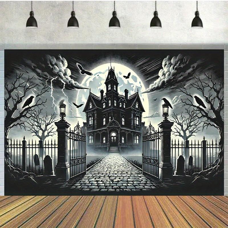 1pc, Haunted Manor Halloween Party Backdrop Fabric, Birthday Banner and Flag Supplies, Cake Table Party Decoration