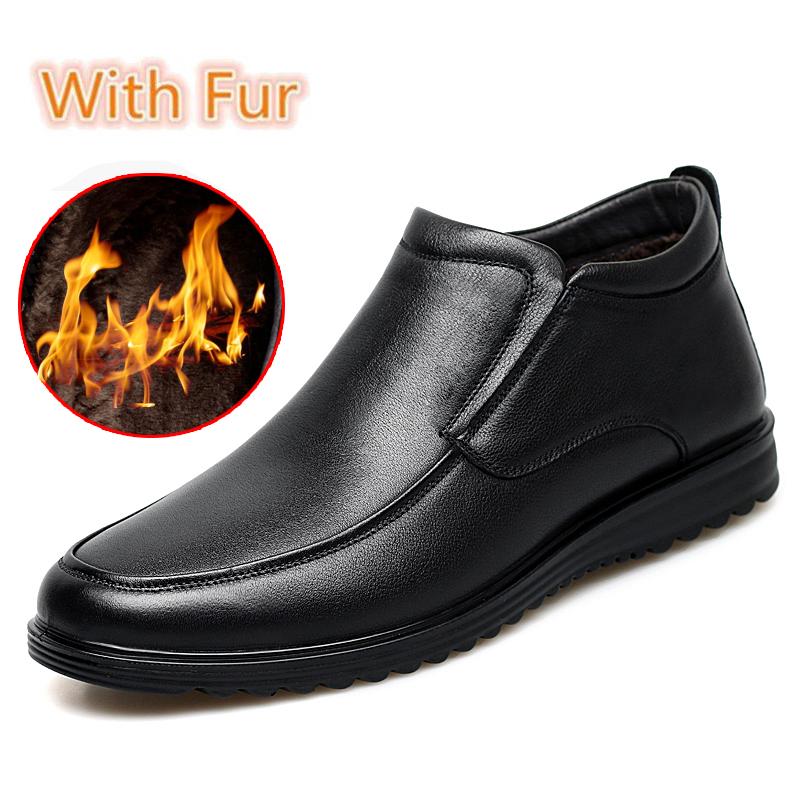 Warm Plush Fur Men's Chelsea Boots Genuine Leather Comfortable Ankle Boots Ultra-light Casual Slip On Footwear Business Loafers