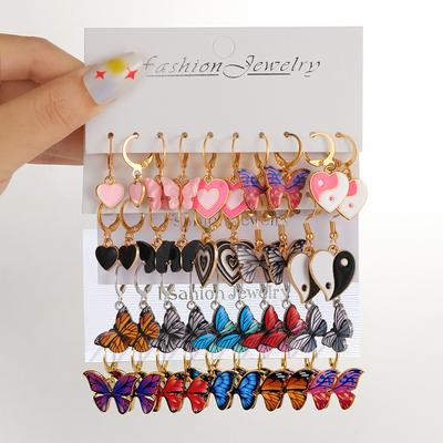 10 STÜCKE Metall Schmetterling Herz Creolen Set für Frauen Mädchen Mode Bunt Tropföl Hängeohrringe Trend Schmuck Geschenke