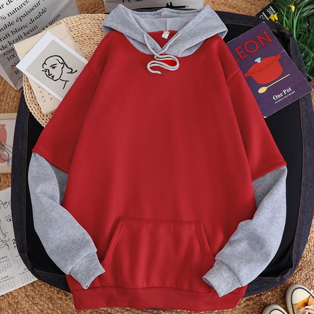 Women Casual Solid Long Sleeve Splited Patchwork Hoodie Sweatshirt Pullover Top
