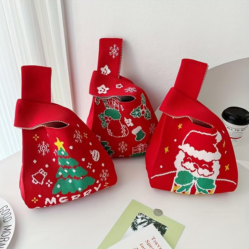 Christmas Holiday Themed Spandex Tote Bag -Large Capacity Knitted Gift Bags with Santa and Tree Patterns for Festive Gift Giving