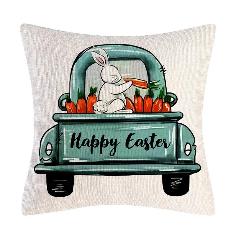 Kissenbezug mit Aufschrift „Frohe Ostern“, Hasen-Eier, bedruckt, Kaninchen-Kissenbezug, dekorativer Überwurf für Zuhause