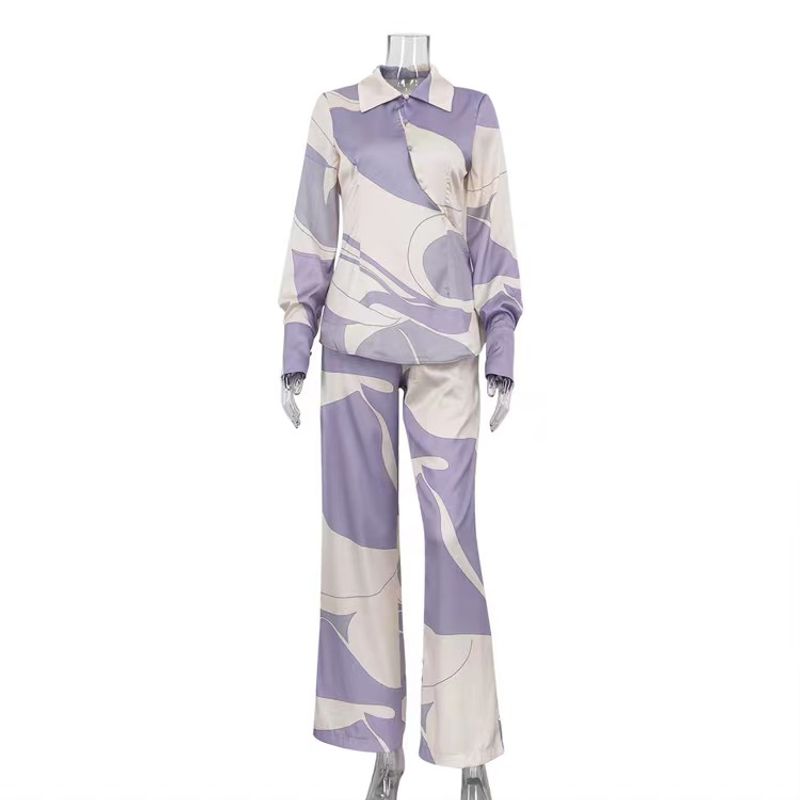 

Fashion Style Stylish Print Shirt High Waist Pants Suit Printed Shirt and Pants Set Beige M