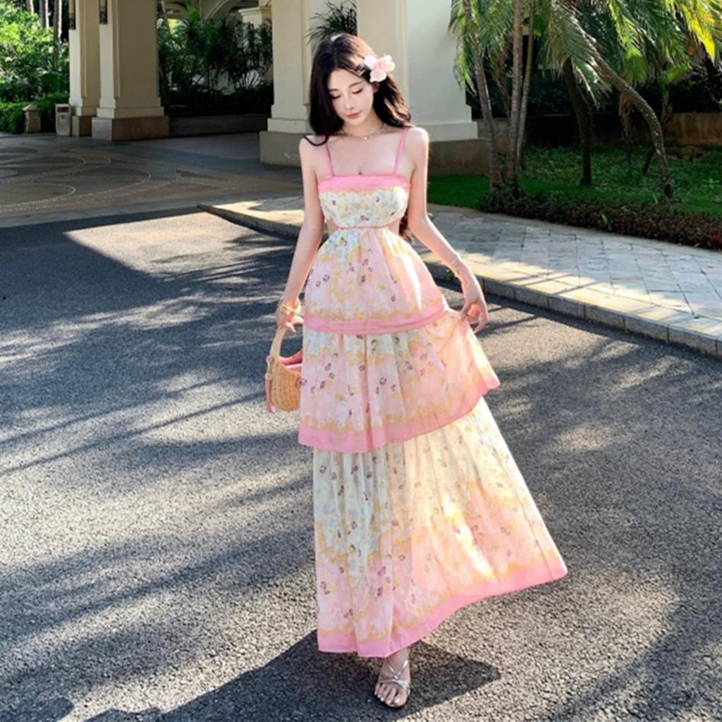 Bohemian Hollow Out Spaghetti-Strap Tiered Maxi Dress for Women Summer Sleeveless Backless Tie Up Slim Printed Beach Dress