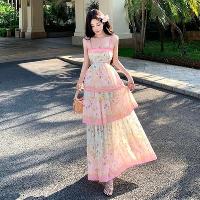 Bohemian Hollow Out Spaghetti-Strap Tiered Maxi Dress for Women Summer Sleeveless Backless Tie Up Slim Printed Beach Dress
