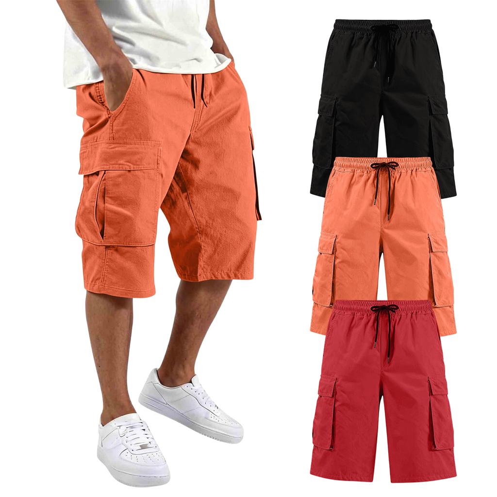 Mens Cargo Shorts 3 Pack Multi Pocket Drawstring Waist Relaxed Fit Knee Length Workwear Shorts for Daily Wear