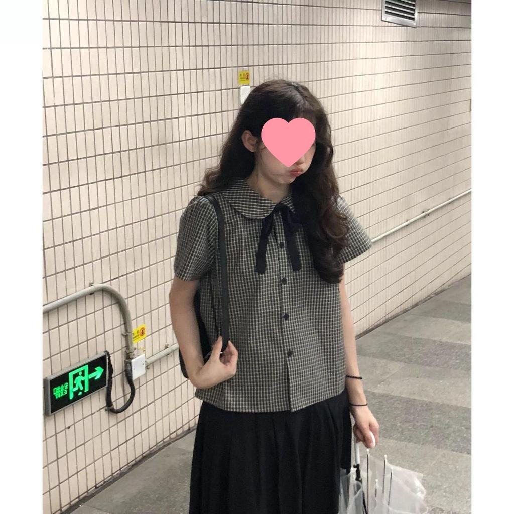 Women's Japanese Academy Plaid Shirt with Doll Collar - Summer Petite Versatile Top