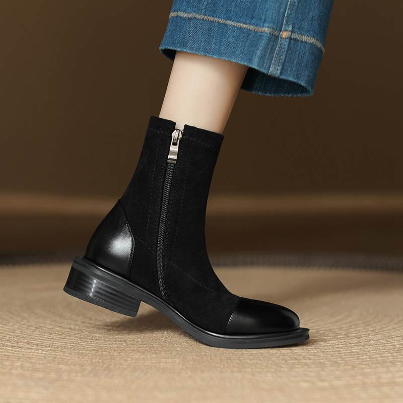 Krazing Po microfiber Flock Winter Round Toe Size 33 Chelsea Boots Size 43 Zipper Fashion Low Heels Stretch Ankle Boots