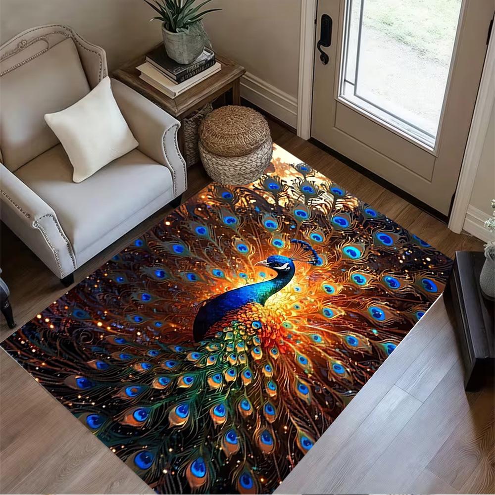 1pc Home Carpet Peacock and Flowers Non-Slip Design for Office Decor Living Room Bedroom Gift