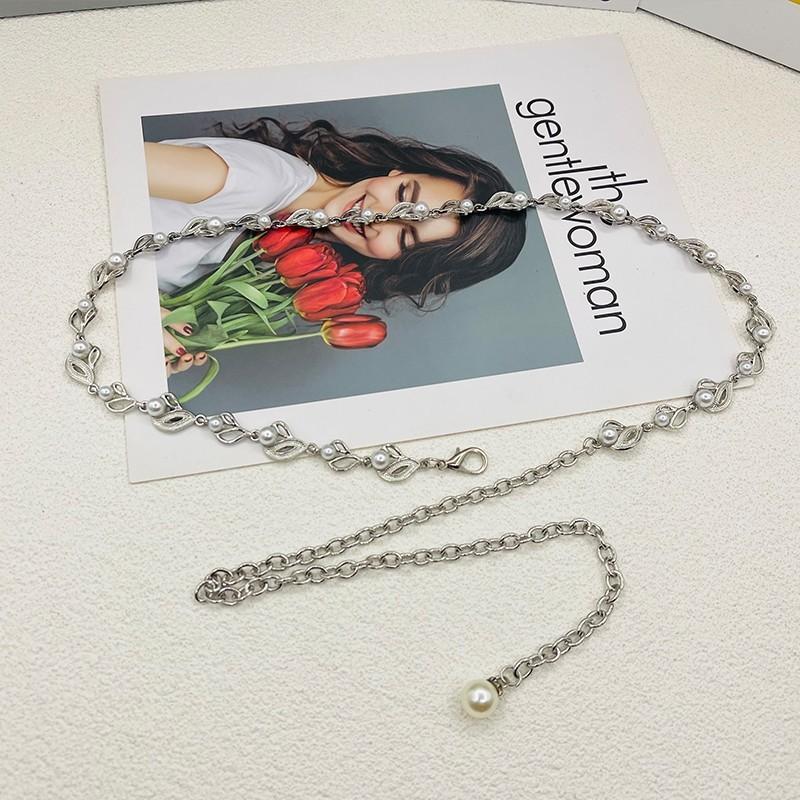 

Womens Gold Pearl Decor Waist Chain For Dresses And Skirts Trendy Summer Wear SilverPearlClip