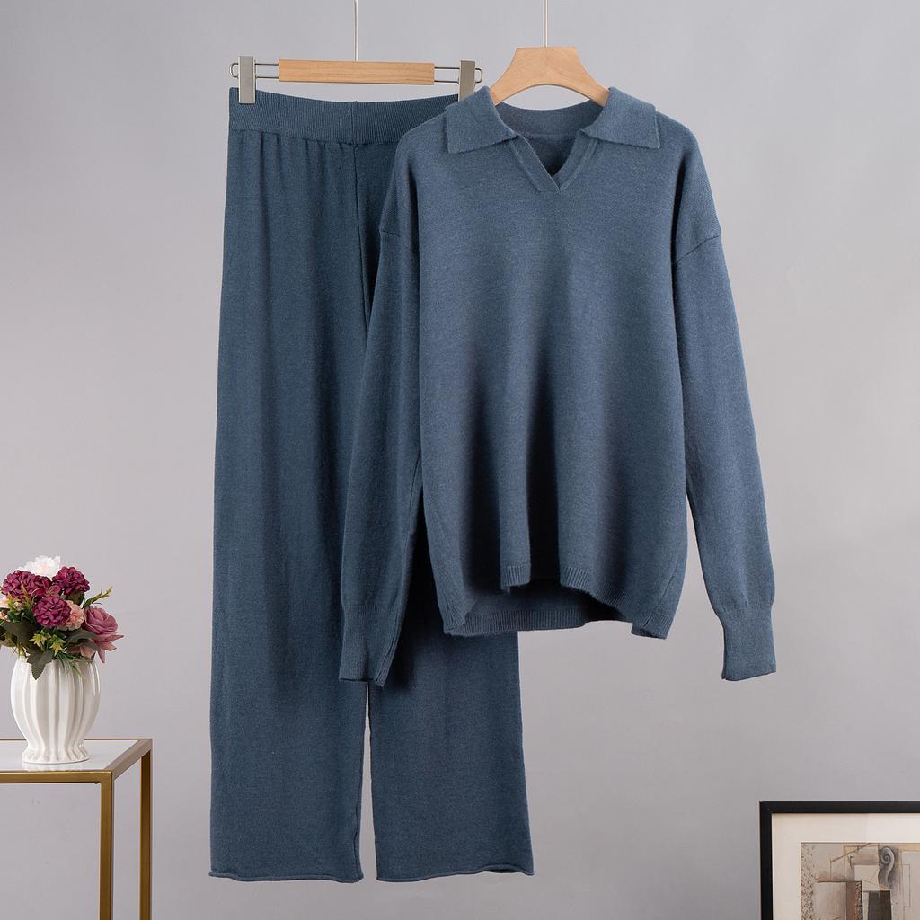 Solid Color Lapel Sweater Set Knit Sweater+straight Leg Wide Leg Pants Two-piece Set High Neck