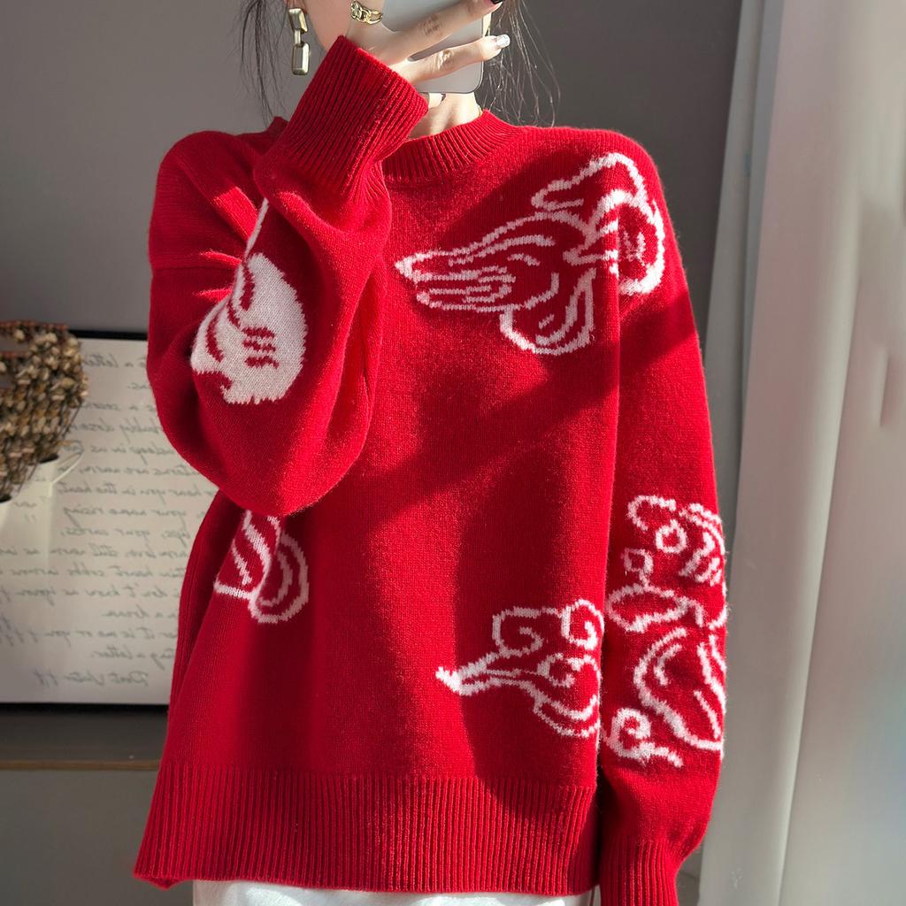 Autumn And Winter New Wool Crew Neck Knitted Sweater New Year'S Good Luck Jacquard Red Bottoming Shirt Women