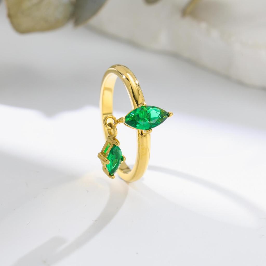 Green Crystal Marquise Stone Tassel Pendant Stainless Steel Rings for Women Vintage Gold CopperColor Wedding Jewelry Minimalist