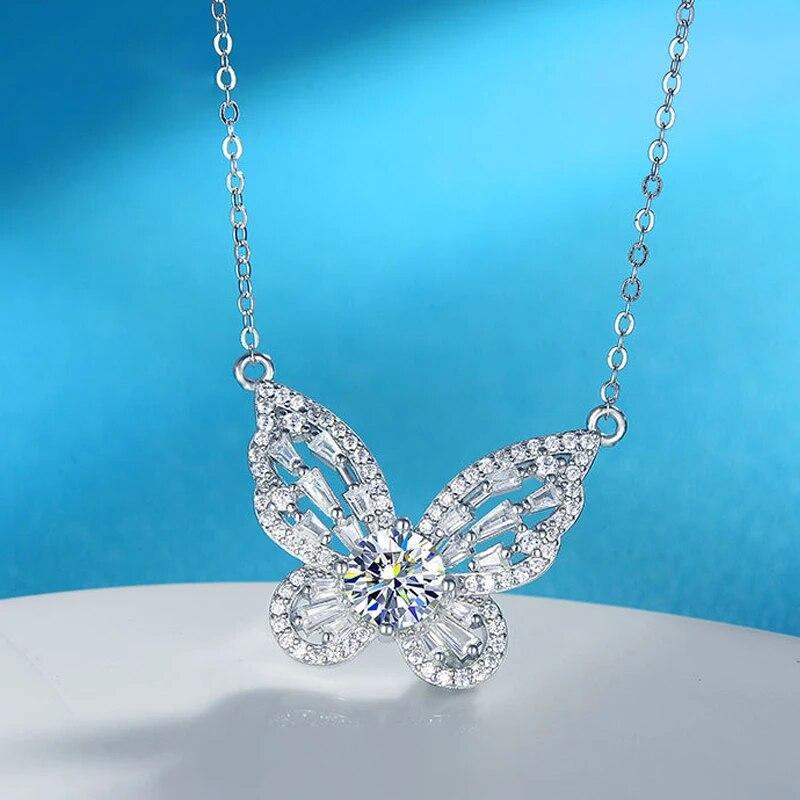 1CT D Color VVS1 Moissanite Necklace for Women Cute Butterfly 925 Sterling Silver Pendant Pt950 Plated Brithday Gift Jewelry