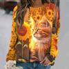 Flowers Cat  Long Sleeves Women Colorful Animal 3D Clothing  Tops O-Neck Cotton Clothes T-Shirt