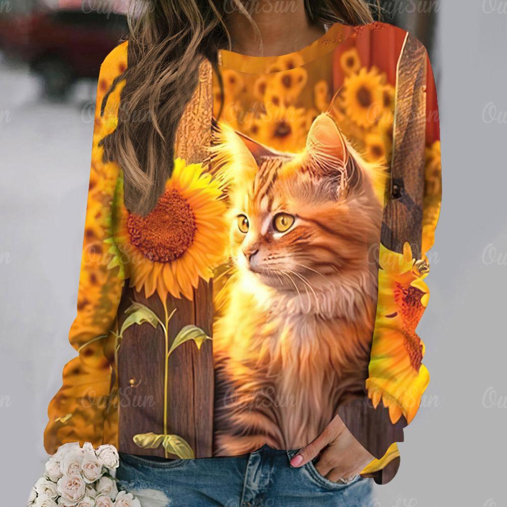 Flowers Cat  Long Sleeves Women Colorful Animal 3D Clothing  Tops O-Neck Cotton Clothes T-Shirt