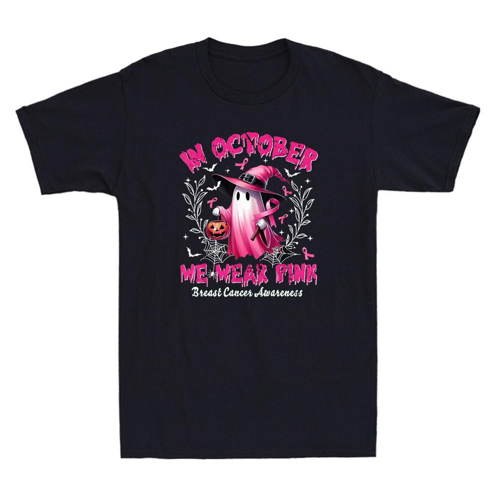 In October We Wear Pink Ghost Witch Breast Cancer Awareness Retro Men T-shirt XL